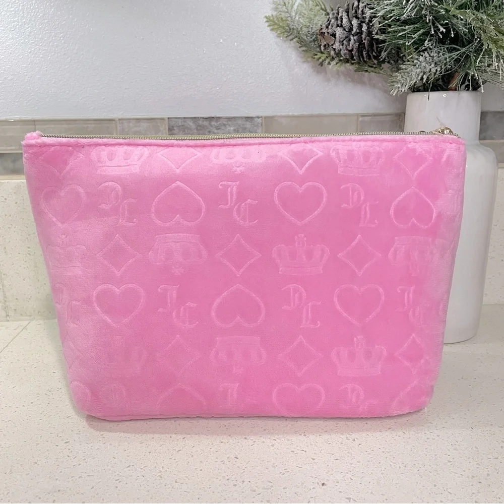 NEW Juicy Couture Pink Velour Debossed Logo‎ Makeup Bag Cosmetic Pouch